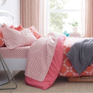 Crate&Barrel Coral and White Duvet Cover & shams + sheets + 3 drapes + blanket